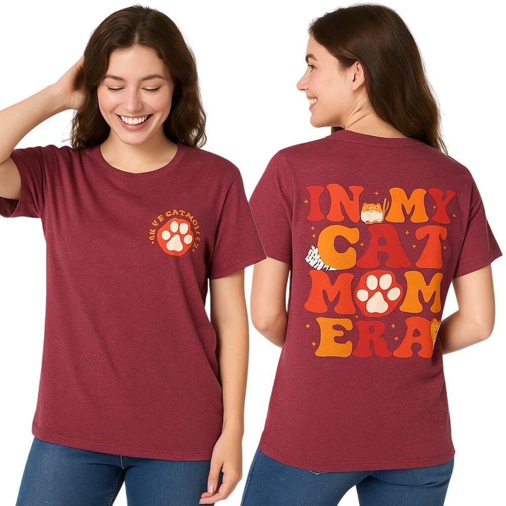 In My Cat Mom Era Graphic‎ Burgundy Short Sleeve Tee Women Casual Top Women M